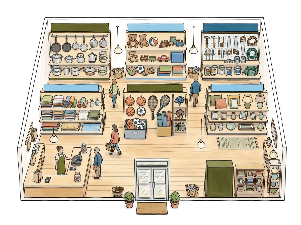 Le plan du magasin, ses rayons et sa caisse