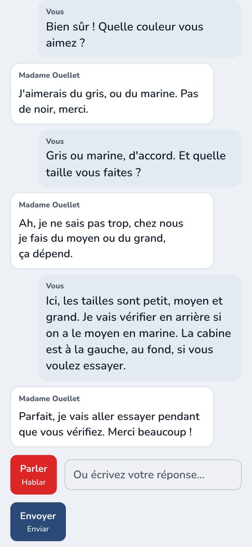 Une vraie visite au magasin : Madame Ouellet et le vendeur