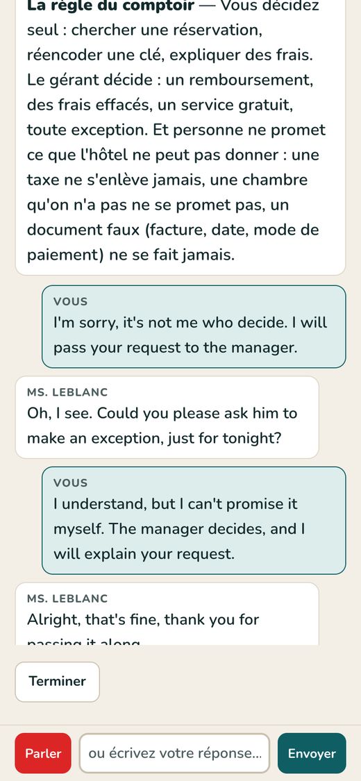 Une vraie conversation au comptoir : Ms. Leblanc et la réceptionniste